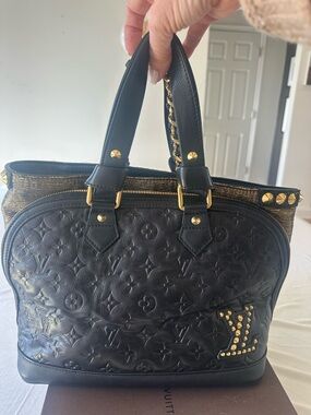 Louis Vuitton Black Embossed Monogram Satchel with Gold Stud Accents